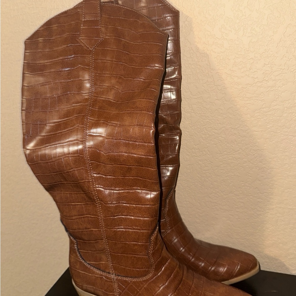 Sun + Stone Brown Croc-Embossed Over-the-Knee Boots